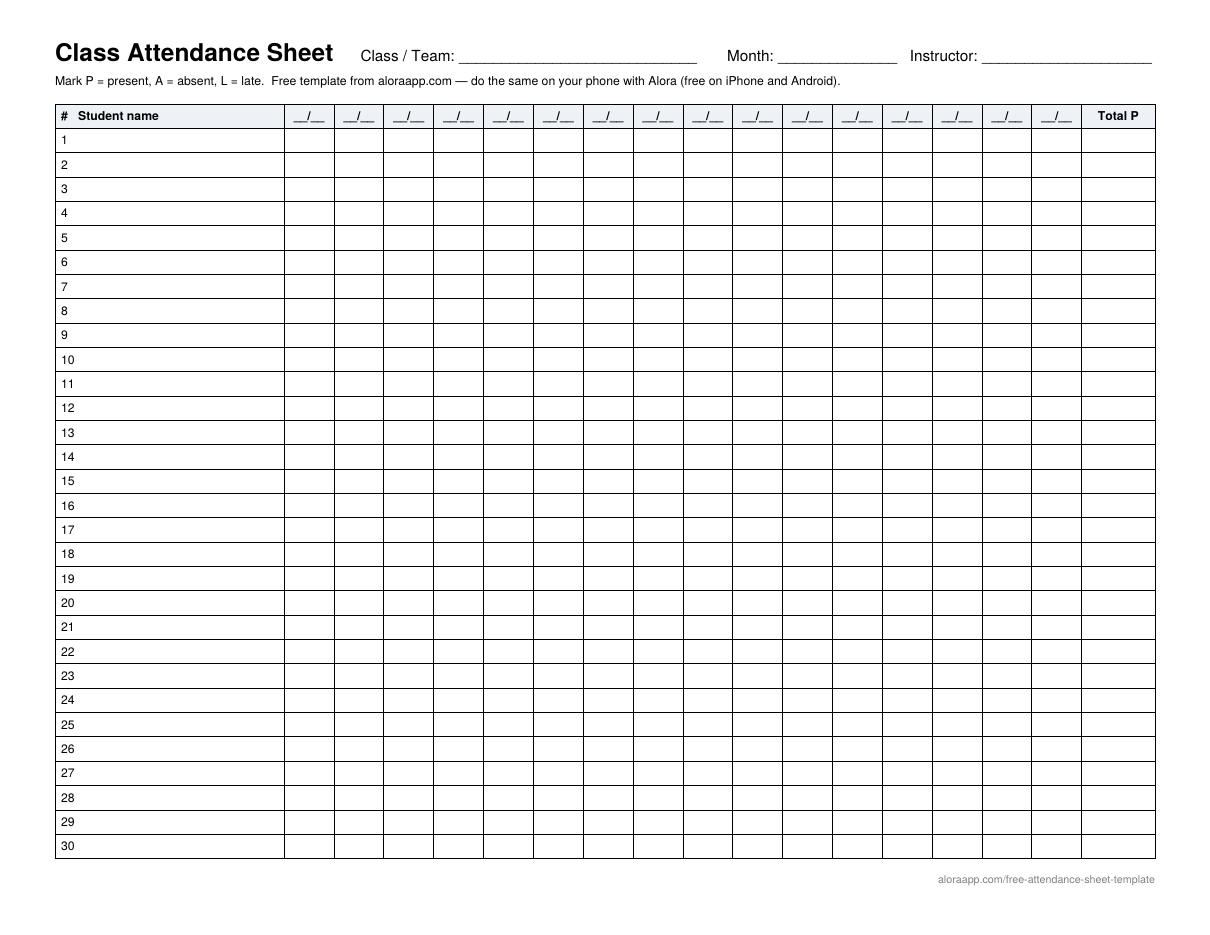 Preview of the free class attendance sheet template: one month, 30 students
